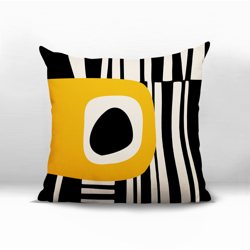 Oreiller carré réversible intérieur / extérieur Jina, H 15 po x l 15 po, Jaune / noir / blanc cassé abstrait