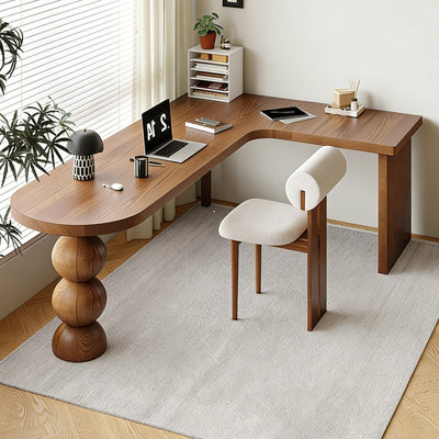 Light-walnut L-Shaped Solid Wood Desk