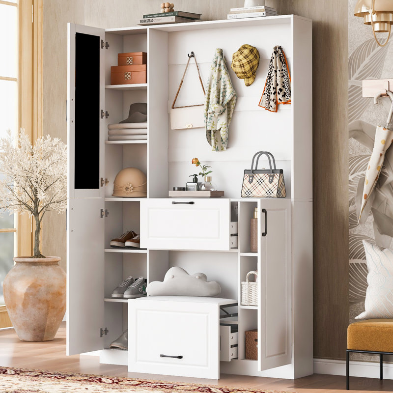 51.1'' Entryway Bench With Integrated Shoe Cabinet, 3-In-1 Design And Mirrored Cabinet Door, Hall Tree With 4 Sturdy Hooks And Foldable Seat For Entrance, Living Room