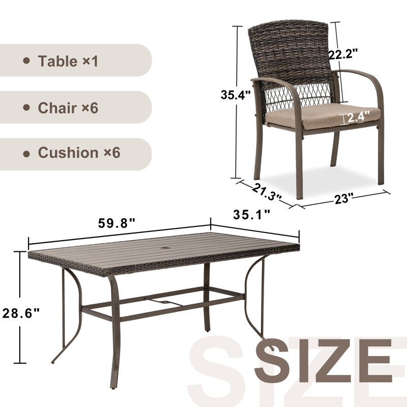 Hainer 6 - Person Wicker Patio Dining Set with Rectangular Table , Cushions Included, Brown