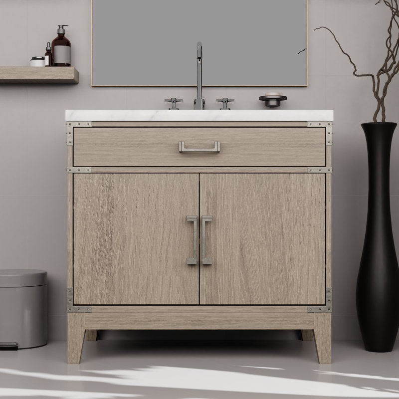 Plateau de meuble-lavabo simple Laurel, Chêne gris, Marbre de culture blanc, 36"