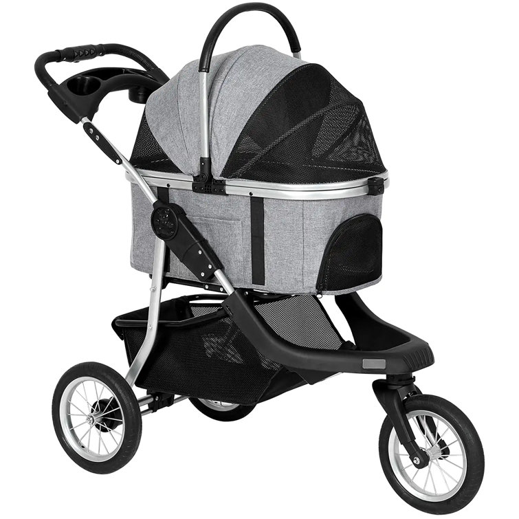 uyoyous Big Dog Stroller Grey Ventilated Foldable Pet Cart 25.2×31.4 with  4 Rubber Wheels and Adjustable Handle Zipper Entry, Mesh Skylight Cat Dog