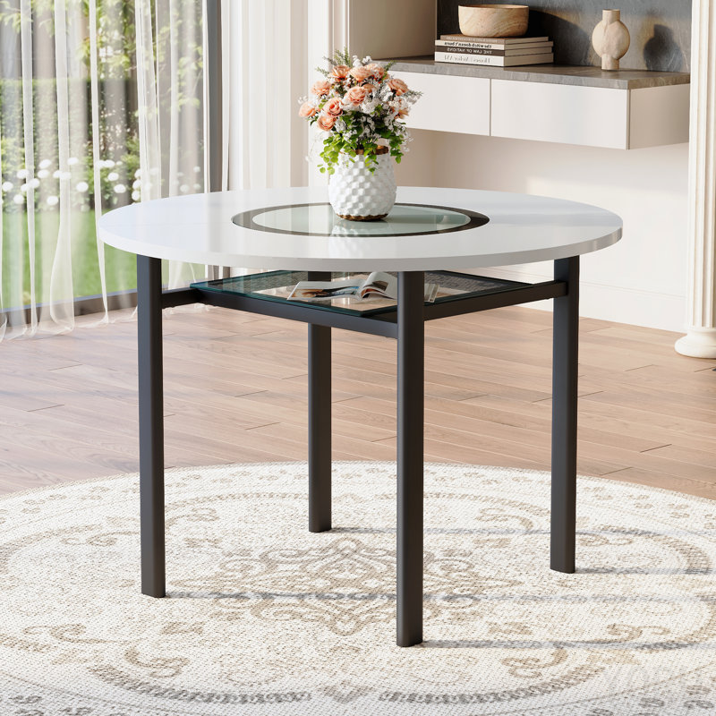 Table de salle à manger ronde 42 pouces blanche minimaliste moderne pouvant accueillir 4 à 6 personnes (incrustation de verre gris + support stable en métal, convient à plusieurs cas de figure).
