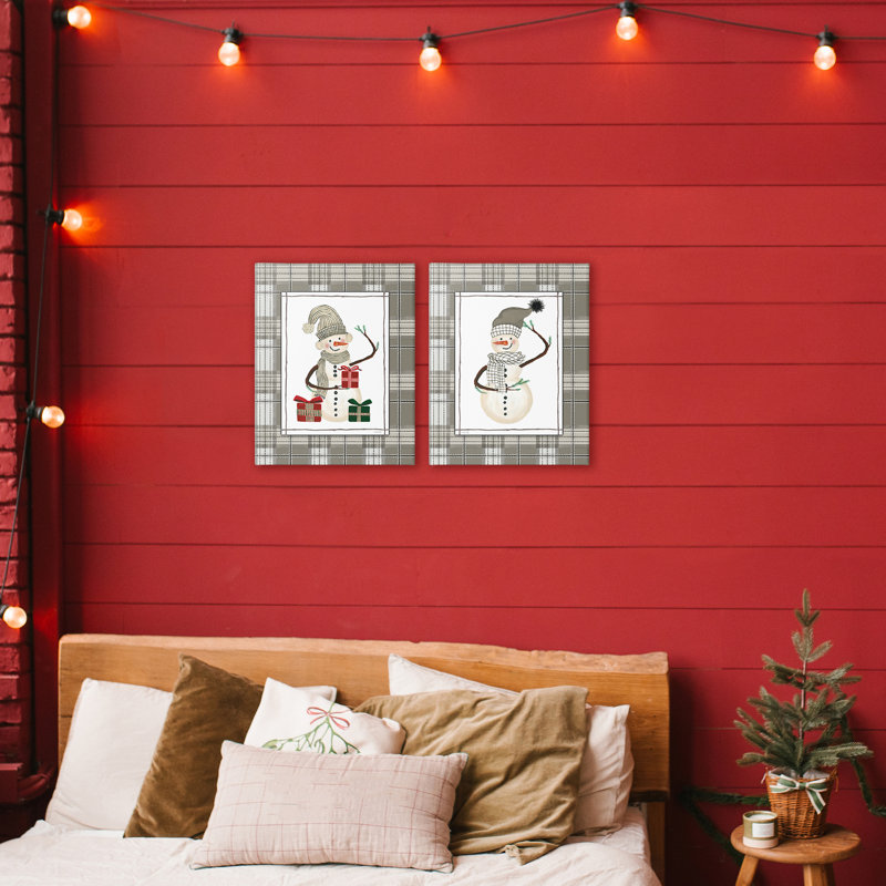 Cozy Snowmen on Plaid 2pc Canvas Set, design by Cindy Jacobs, 20" H x 16" W