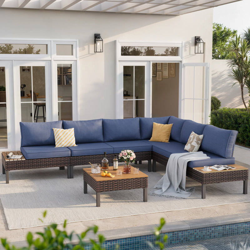Outdoor 6-Person L-Shaped Metal Seating Group With Cushions, Blue