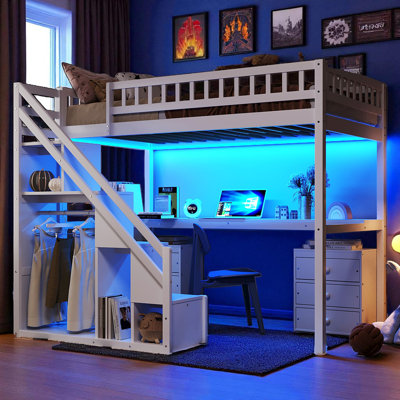 Wood Loft Bed With Built-In Desk, LED Lights And Storage