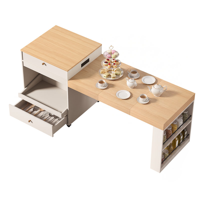 Rolling Kitchen Island With Extendable Dining Table, White/Wood