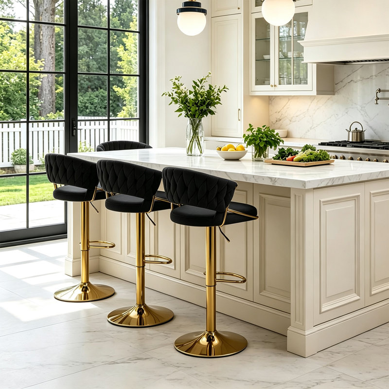 Christal Swivel Upholstered Adjustable Height Counter Stool, Black, Gold
