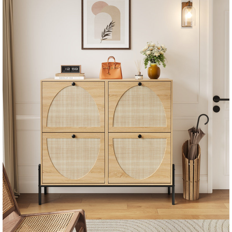 Space-Saving Rattan Shoe Cabinet with 4 Flip-Down Doors – Elegant Narrow Storage for Entryways & Hallways