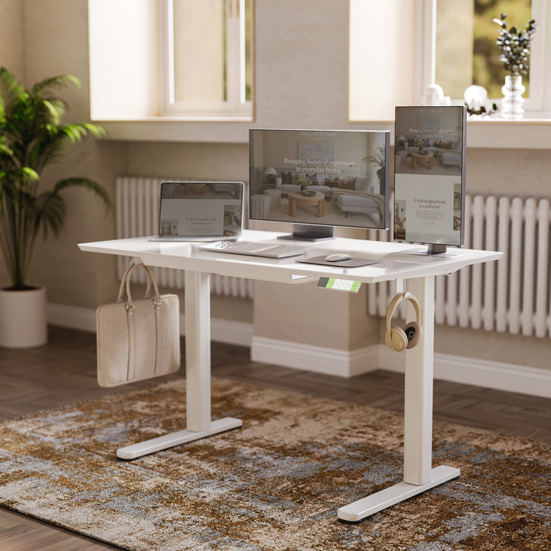 Bureau debout électrique de 55 pouces avec tiroir multifonctionnel, grand réglage de la hauteur avec 4 préréglages de mémoire - blanc