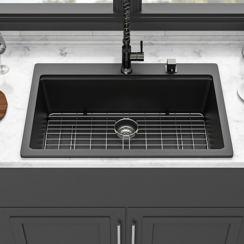 33X22" Black Quartz Workstation Drop - In Kitchen Sink, Made Of Advanced Quartz, Eliminates Vibration And Noise, Hard Non Porous Surface, Comes With Drying Rack Strainers Smooth Scratch, Reduces