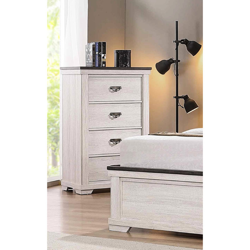 Commode de chambre à coucher avec quatre tiroirs, aspect rustique gris / blanc contemporain gris