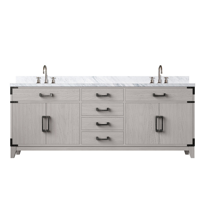 Meuble-lavabo double en chêne blanc 80 po X P 22 po D, dessus en marbre de Carrare et ensemble de robinet