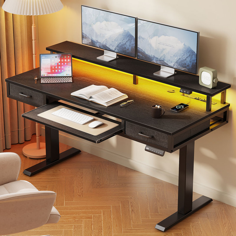 Yaelin 55” Electric Standing Desk with Power Outlets & LED Light Strip, Height Adjustable Home Office Computer Desk with 2 Fabric Drawers and Keyboard Tray, Black