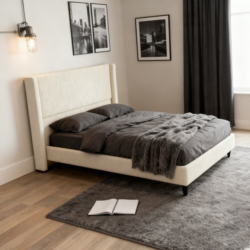 Base de lit tapissier en velours côtelé de 50,7 po de hauteur avec oreilles verticales et pied de lit haut