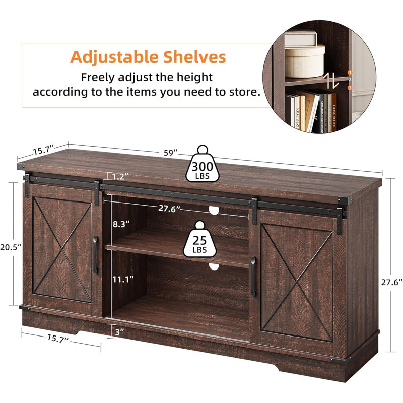 Brown Farmhouse TV Stand with Sliding Barn Doors and Adjustable Shelves