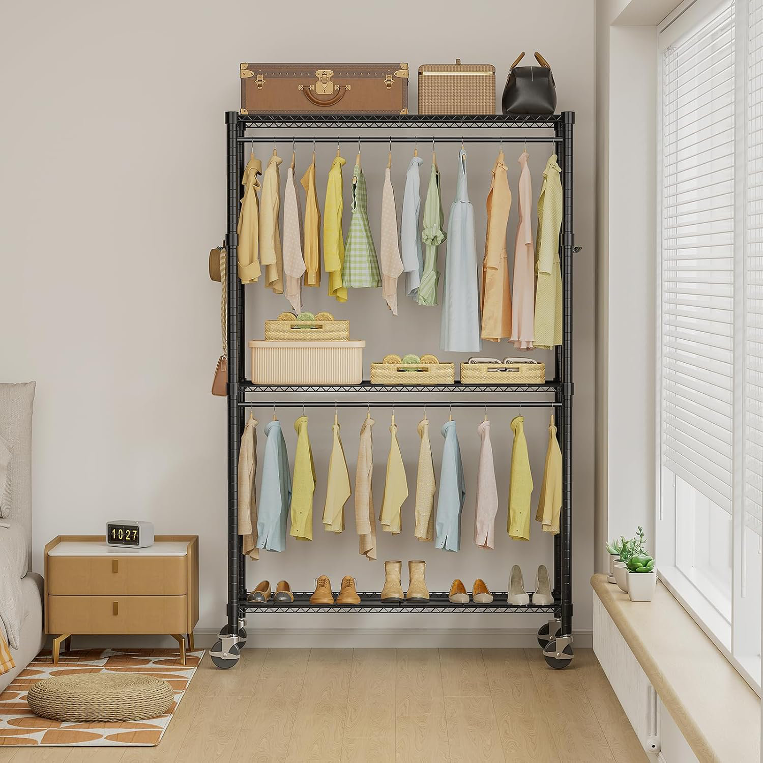 Rebrilliant Portable 3-shelf Rolling Wardrobe Closet With Wheels ...