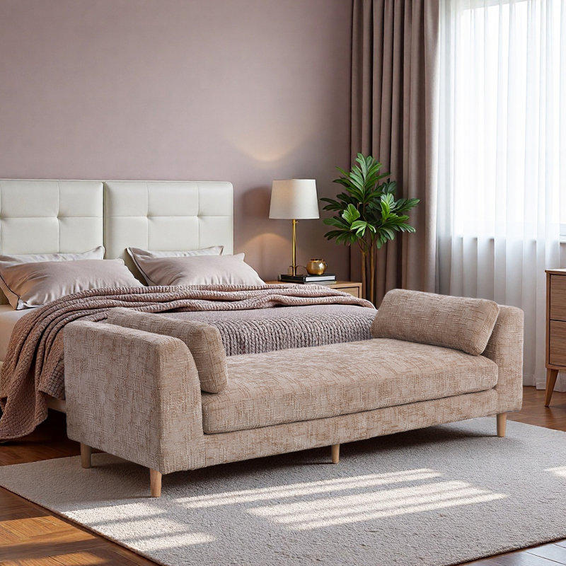 83" Chenille Upholstered End of Bed Bench with 2 Bolster Pillows and Solid Wood Legs, Wheat