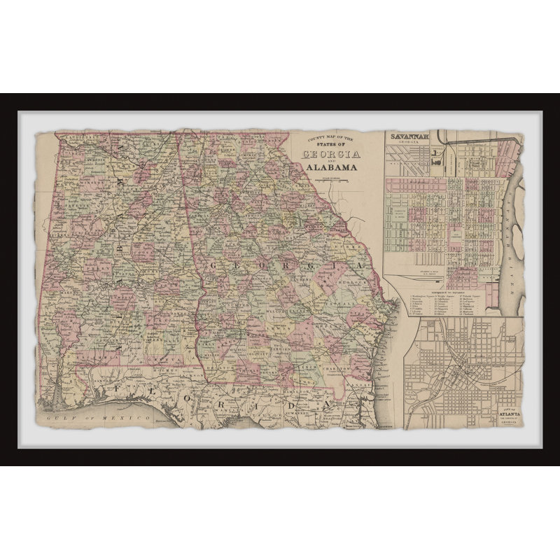 Carte du comté des États de la Géorgie et de l'Alabama III - reproduction encadrée sur papier, H 20 po x l 30 po x P 1,5 po