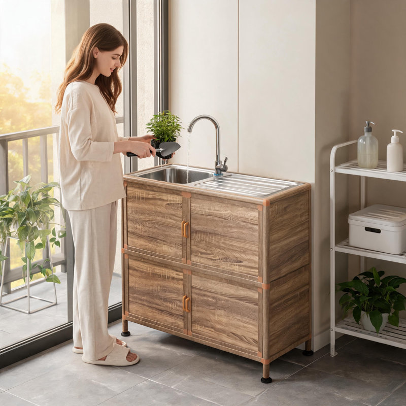 Station d'évier de cuisine autoportante avec armoire et robinet