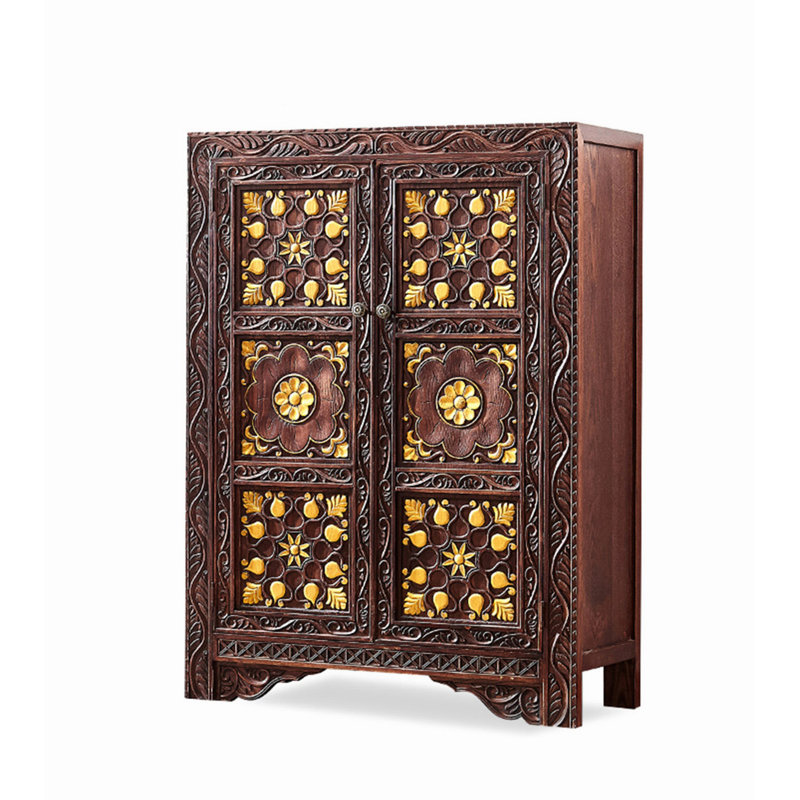 New Chinese-Style Distressed Solid Wood Shoe Cabinet, Brown/Gold