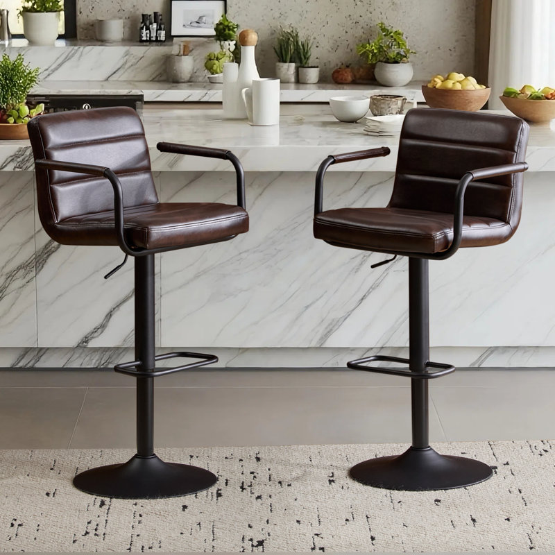  Modern Adjustable Swivel Bar Stools with High Back, Faux Leather Upholstered Counter Height Chairs (Set of 2), Black Brown
