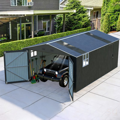 Remise de rangement extérieure améliorée de 13 pi x 20 pi, grande remise de garage en métal avec deux fenêtres et deux panneaux translucides pour voiture, camion, vélo, tondeuse à gazon, outil de jardin