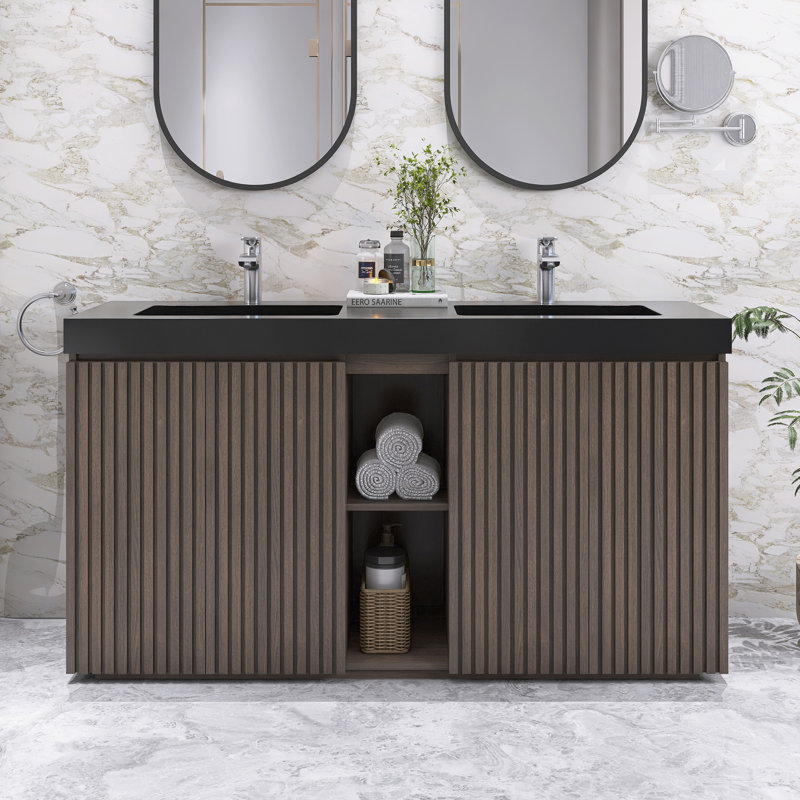 60" Large Storage Freestanding Modern Bathroom Vanity With Double Sink, Black Engineered Quartz