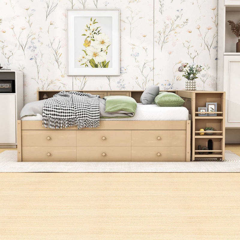 Wood Daybed with Pull-Out Trundle and Desk and Storage, Full/Double, Golden