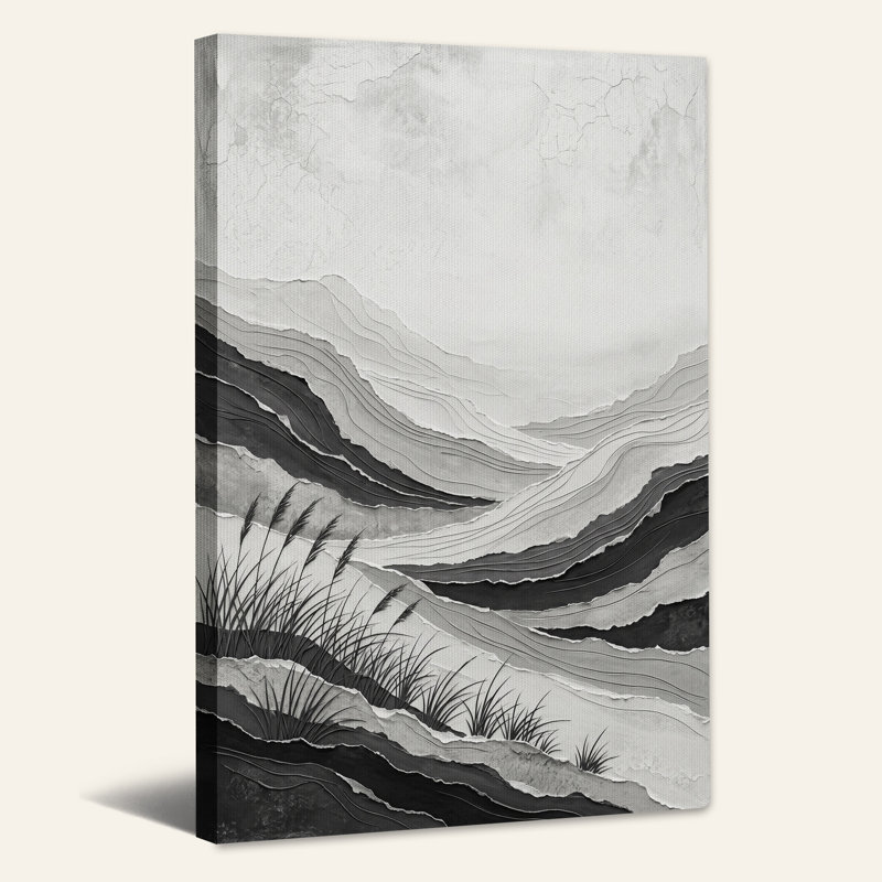 «Black and White Layered Grass and Hills», art mural sur toile, H 18 po x l 12 po