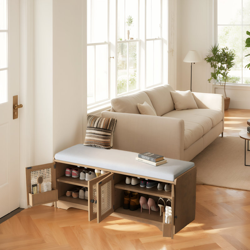 Shoe Storage Bench with Removable Cushion, and Adjustable Shelves, Natural Wood