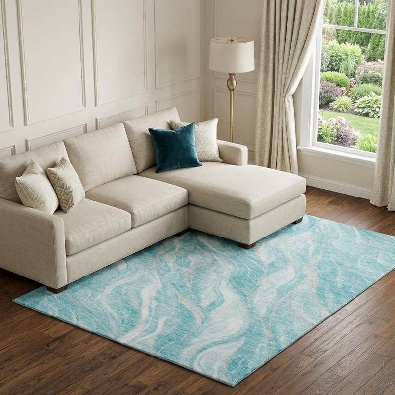 Tapis lavable abstrait sarcelle et ivoire 10 pi x 14 pi avec protection UV