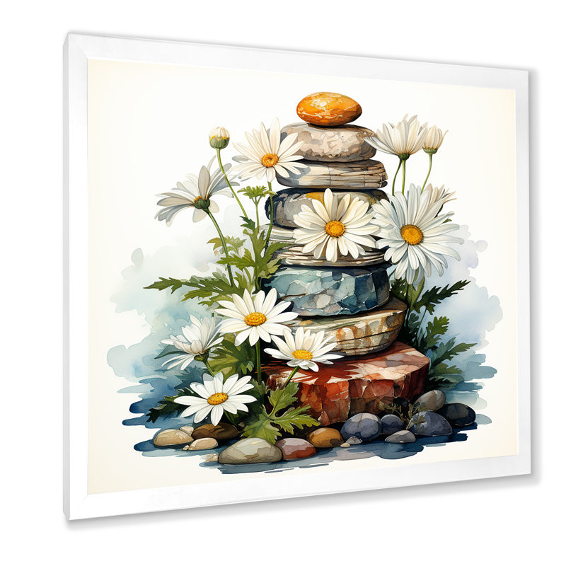 Fleur de marguerite sur pierre calme I - Art mural marguerite, Cadre simple blanc, H 30 po x l 30 po x P 1,5 po