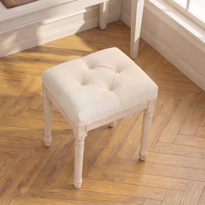 French Style Linen Fabric Accent Stools, Upholstered Tufted Entryway Bench For End Of Bed, Brushed Rubberwood Legs With Solid Wood Frame, 350 Lbs Weight Capacity