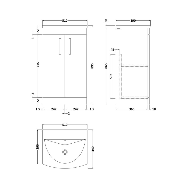 Athena 510mm Single Bathroom Vanity with Integrated Vitreous China Basin, Anthracite Woodgrain