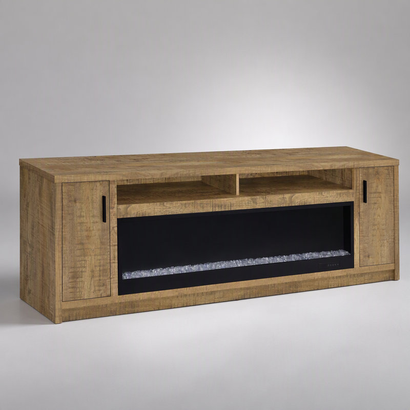 Meuble télé foyer en bois de manguier rustique avec visualiseur de flamme personnalisable et grand espace de rangement multimédia