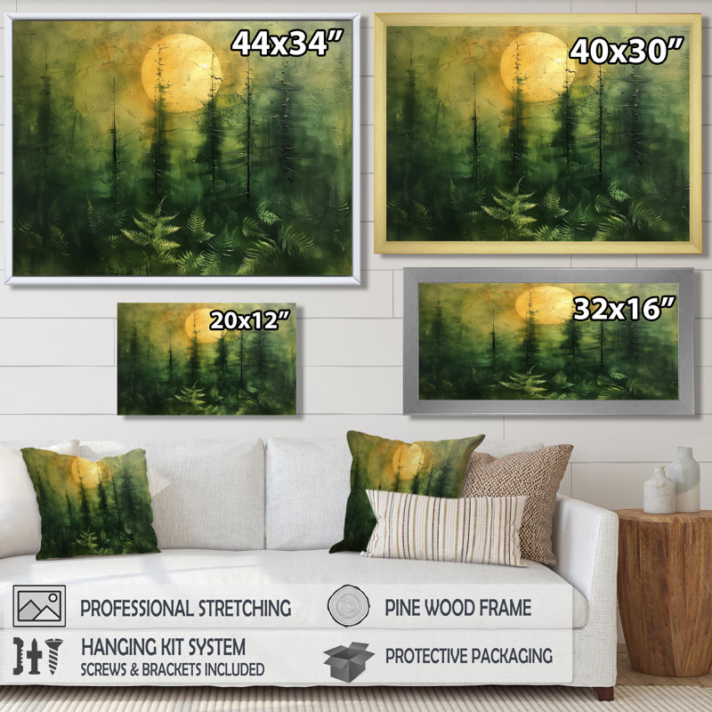 Décoration murale vert forêt jaune pleine lune Fusion I - forêt, Toile encadrée noire simple, H 12 po x l 20 po x P 1 po