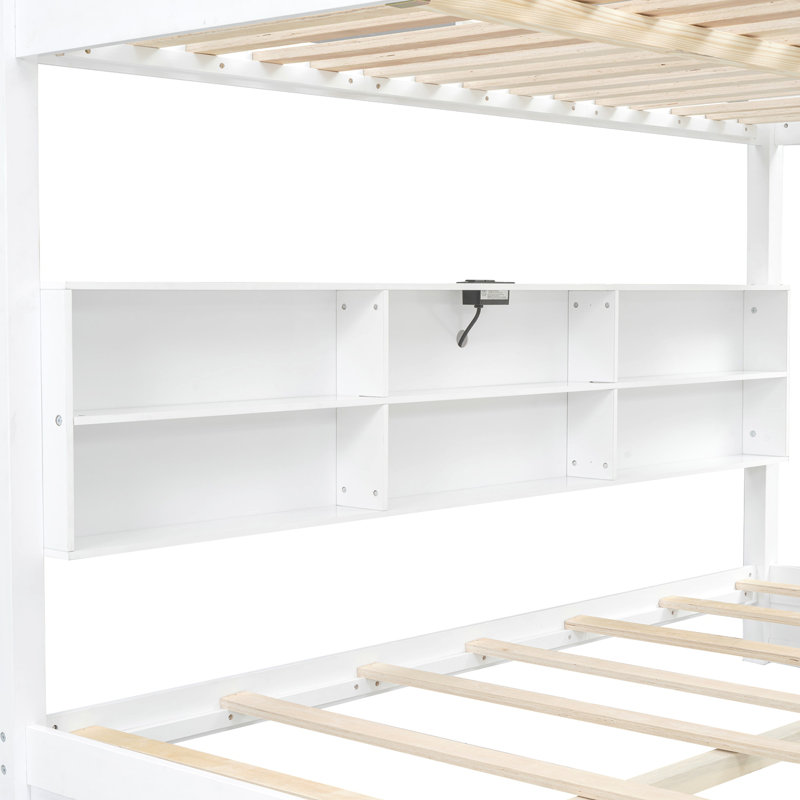 Lit superposé grand sur grand avec armoires de rangement et ports USB, blanc