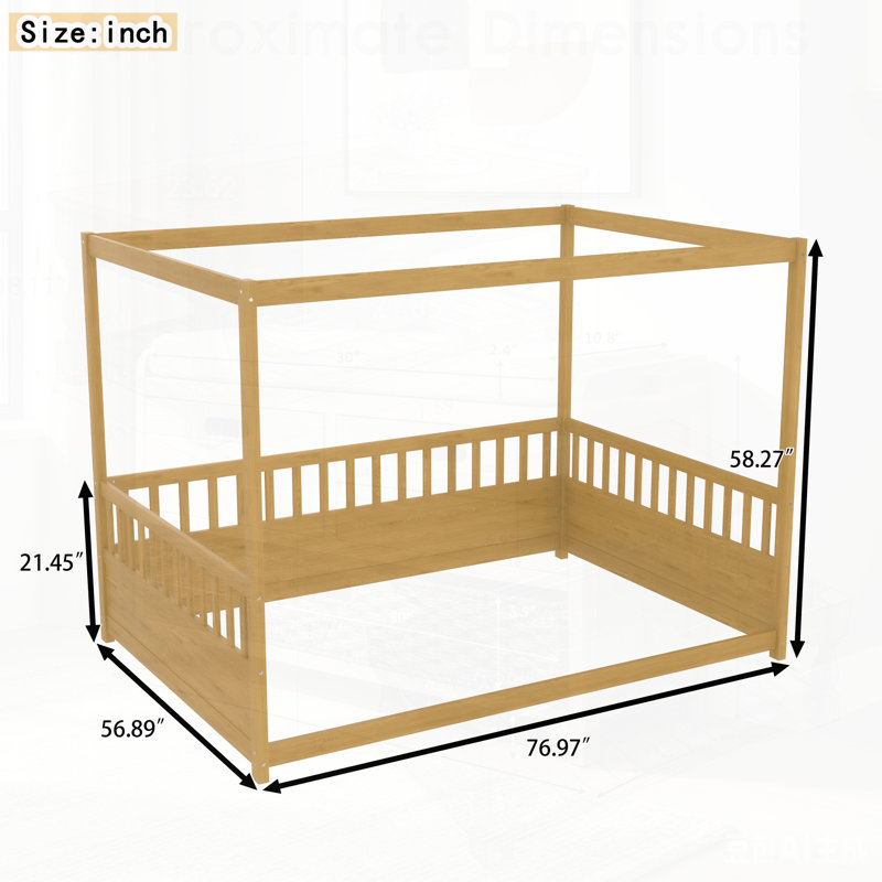 Structure de lit à baldaquin en bois robuste avec garde-corps, idéale pour le lit au sol Montessori pour enfants et pour dormir en toute sécurité