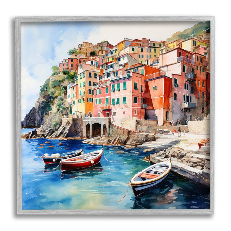 Ba-027 - Bateaux encadrés Cinque Terre, Estampe numérique Farmhouse, H 17 po x l 17 po x P 1,5 po