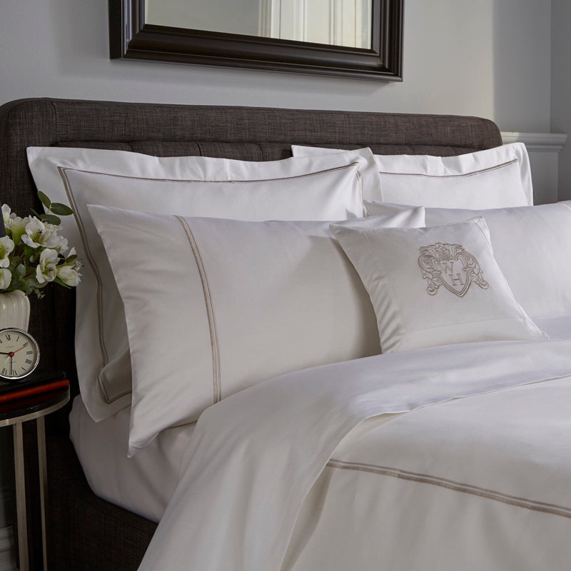800 Thread Count Double Cord Embroidered Sateen Pillowcase - Set of 2, White/Grey