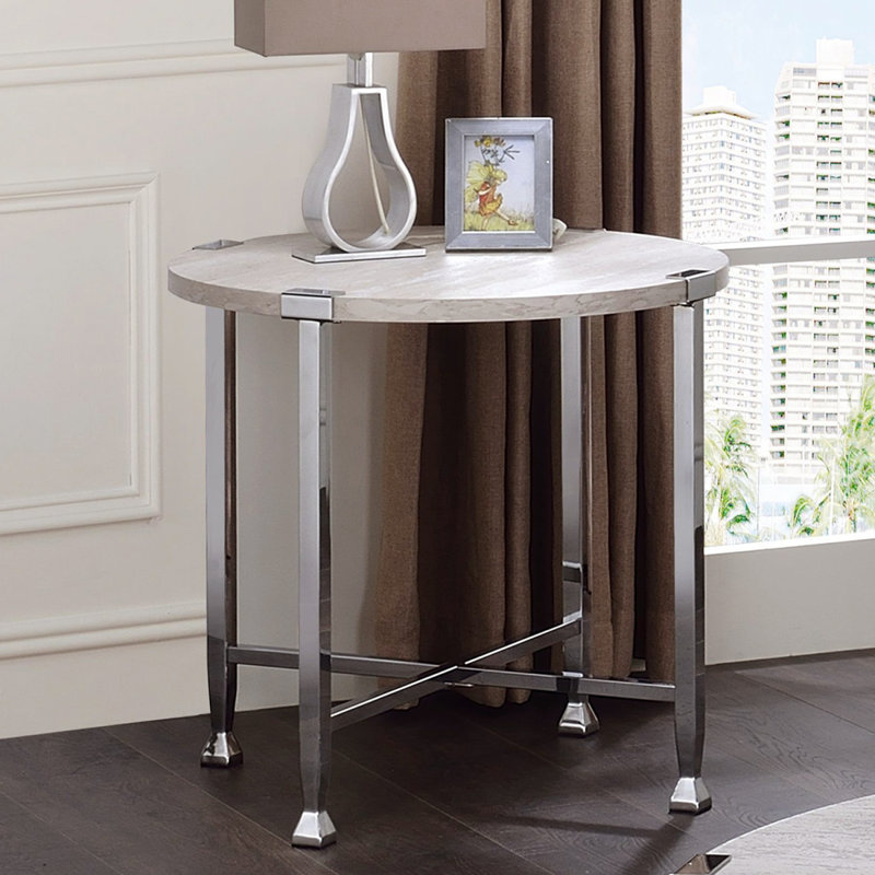 Table de bout ronde avec support en forme de X, chêne blanc et chrome