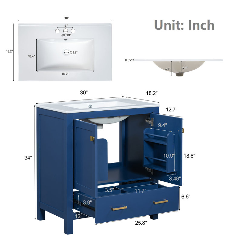 30" Single Bathroom Vanity with Sink, Blue