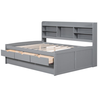 Full Size Wooden Bed With Built-In Bookcases, Three Large Storage Drawers And Trundle, Grey Captain Bookcase Headboard, Compartments Trundle