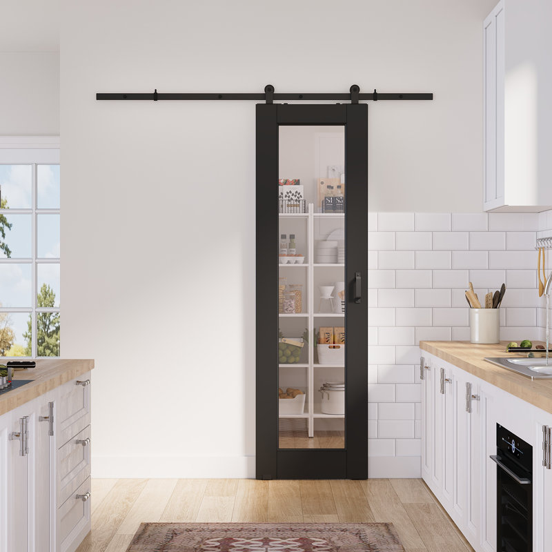 80in.1 Lite Clear Glass Black Door Slab Prefinished Surface With All Barn Door Hardware Kit, 24in.x 80in.