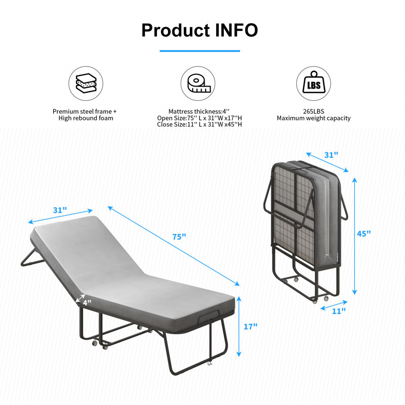  75''L X 31''W Folding Bed with 4'' Memory Foam Mattress,Fold Up Guest Bed for Living Room,Small Spaces
