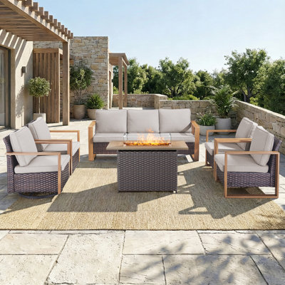Ensemble de foyer d'extérieur en osier 6 pièces avec chaises pivotantes et fauteuils