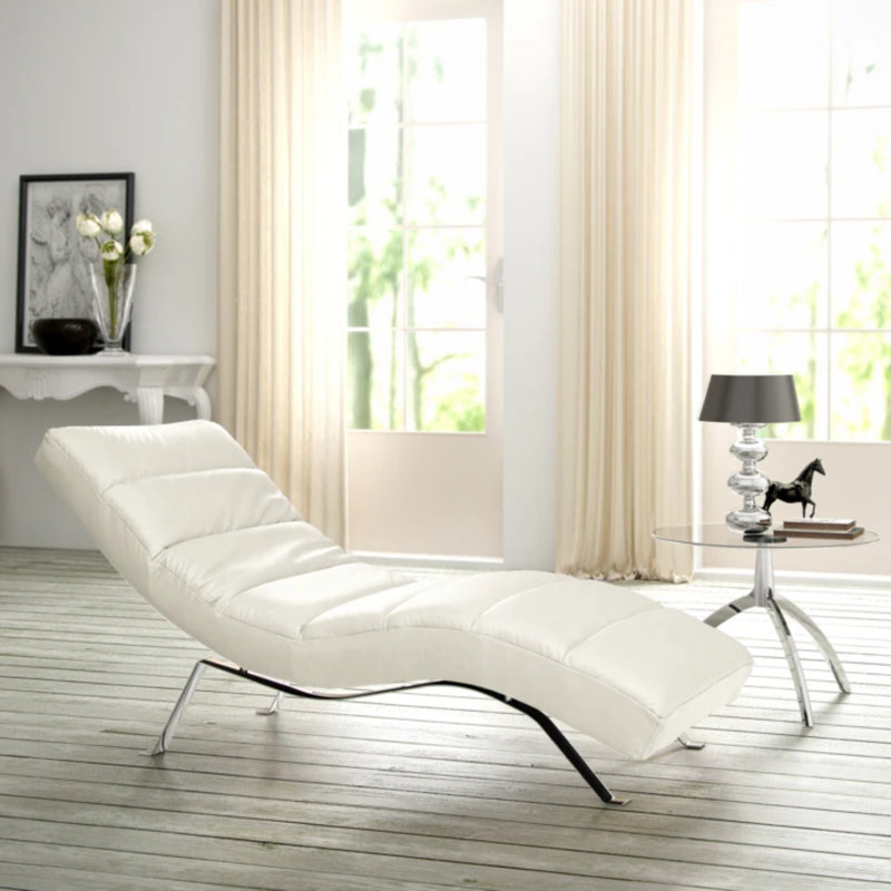 SALISBURY Chaise Lounge in Genuine Leather with Adjustable Backrest, Cream, Silver