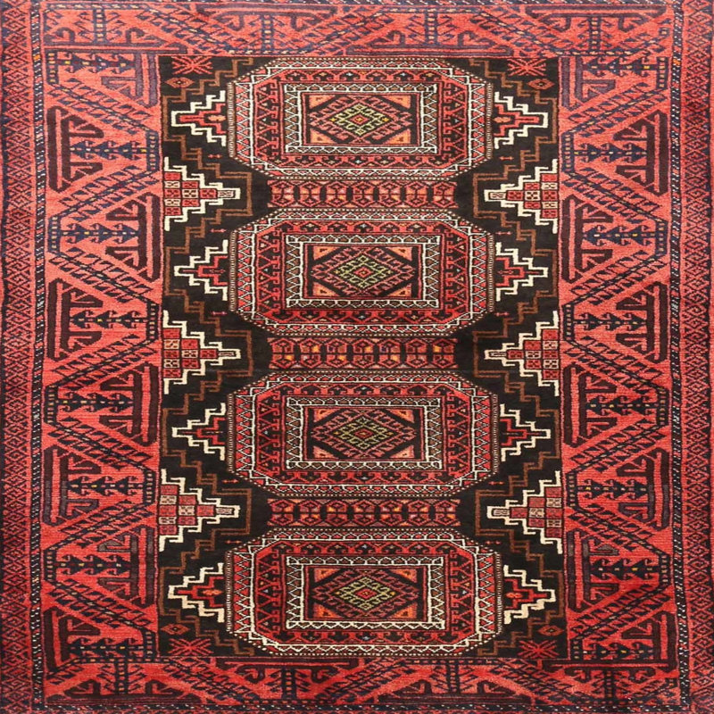 Tapis traditionnel rouge / noir Faer, Carré 3 pi