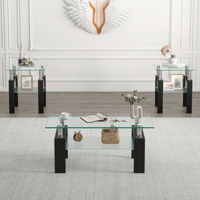Esbeidy 3-Piece Living Room Table Set with Glass Top, Metal Legs & 2-Tier Storage Shelves, Includes 1 Coffee Table & 2 End Tables